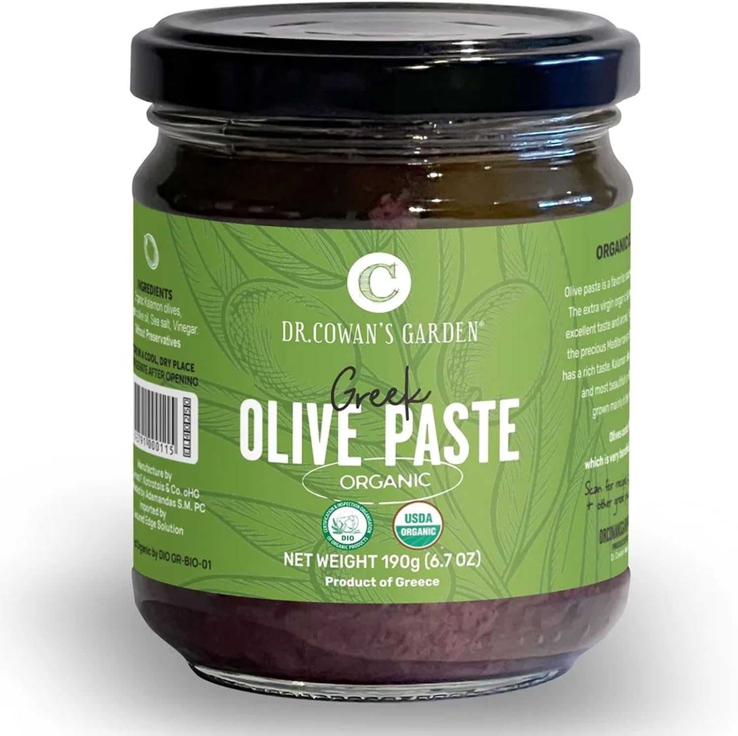 Dr. Cowan’s Garden Greek Olive Paste – Organic Kalamon Olive Spread – Authentic Mediterranean Flavor Dip – Small-Batch Family Farm Product from Greece (6.7 oz)