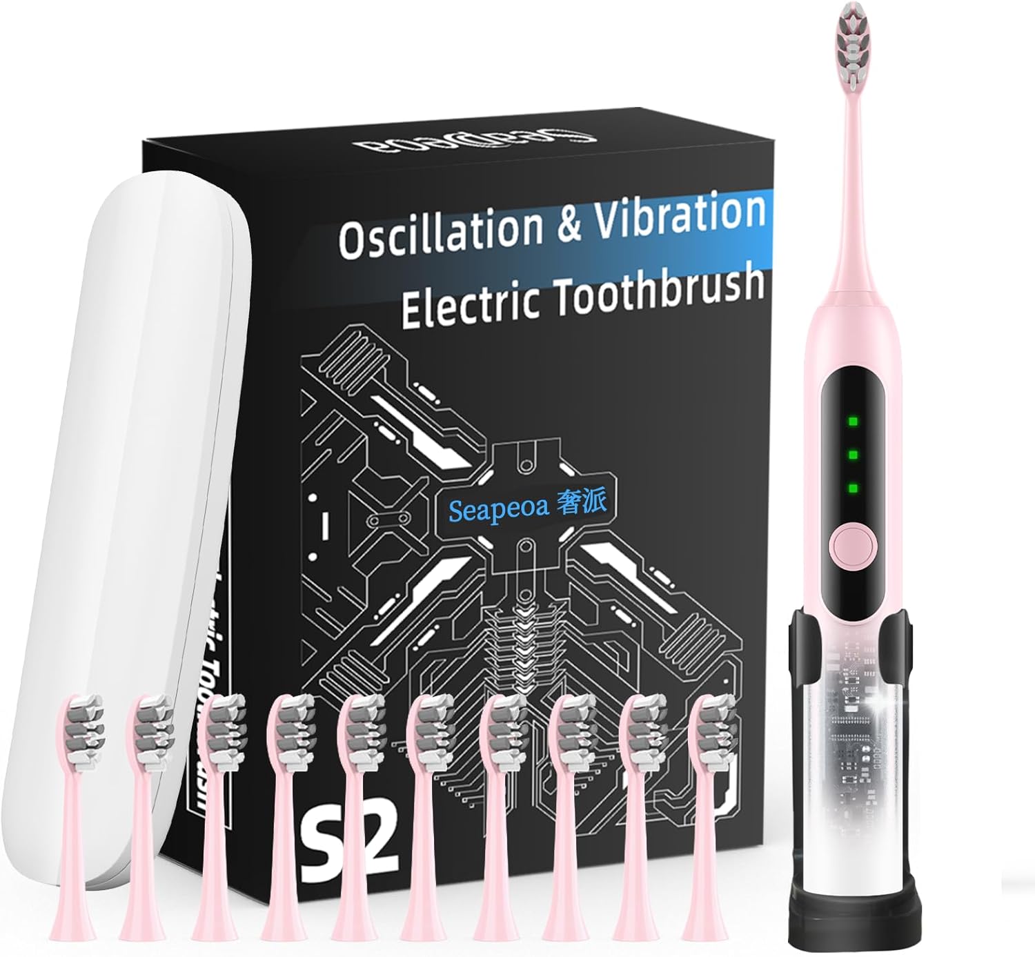Adult Sonic Electric Toothbrush with 10 Brush Heads, Travel case, and wall Bracket, Suitable for Both Adults and Children, IPX8 Waterproof, USB Charging, 42000VPM, Pink