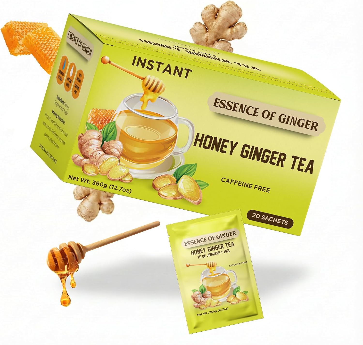 Life Plus Style Gourmet Essence of Ginger Honey Ginger Herbal Tea Instant 20 Tea Powder Packets Caffeine Free Natural Hot or Cold Honey Tea for Men Women
