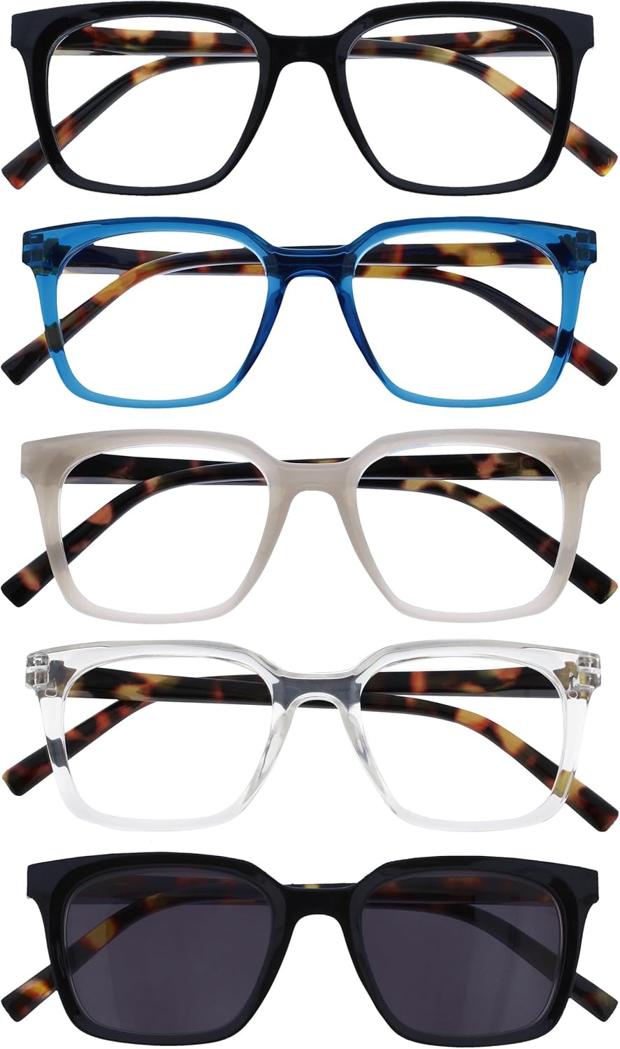 OPULIZE KOI Reading glasses and Reading sunglasses for Women Men,Scratch Resistant Large Rectangular frame with spring Hinges, Black, Blue, Grey, Clear, Black +1 (Pack of 5)