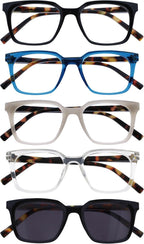OPULIZE KOI Reading glasses and Reading sunglasses for Women Men,Scratch Resistant Large Rectangular frame with spring Hinges, Black, Blue, Grey, Clear, Black +1 (Pack of 5)