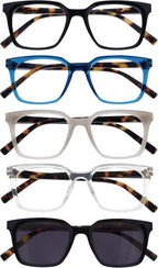 OPULIZE KOI Reading glasses and Reading sunglasses for Women Men,Scratch Resistant Large Rectangular frame with spring Hinges, Black, Blue, Grey, Clear, Black +3.5 (Pack of 5)