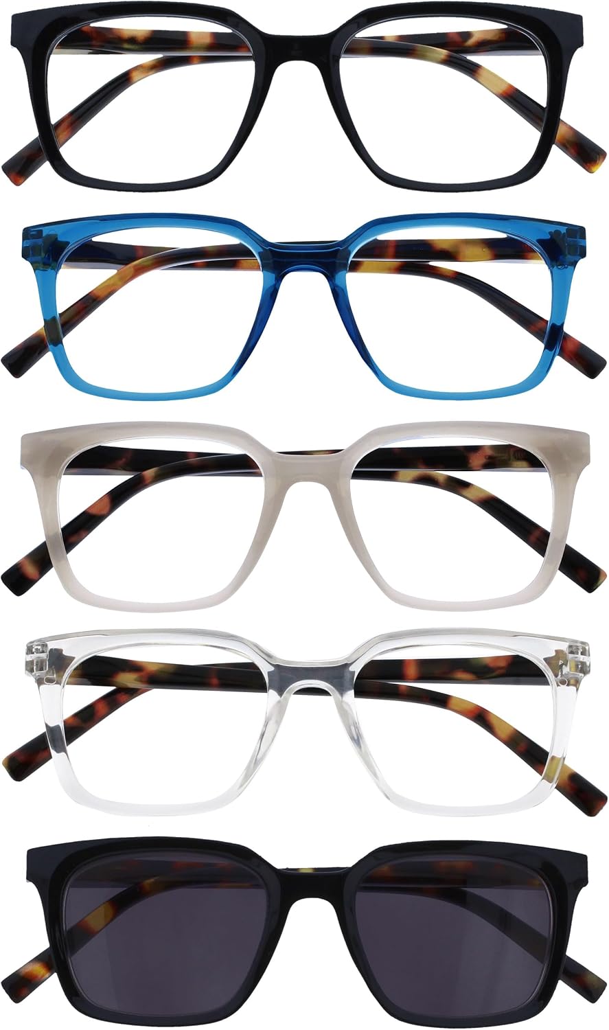 OPULIZE KOI Reading glasses and Reading sunglasses for Women Men,Scratch Resistant Large Rectangular frame with spring Hinges, Black, Blue, Grey, Clear, Black +3.5 (Pack of 5)