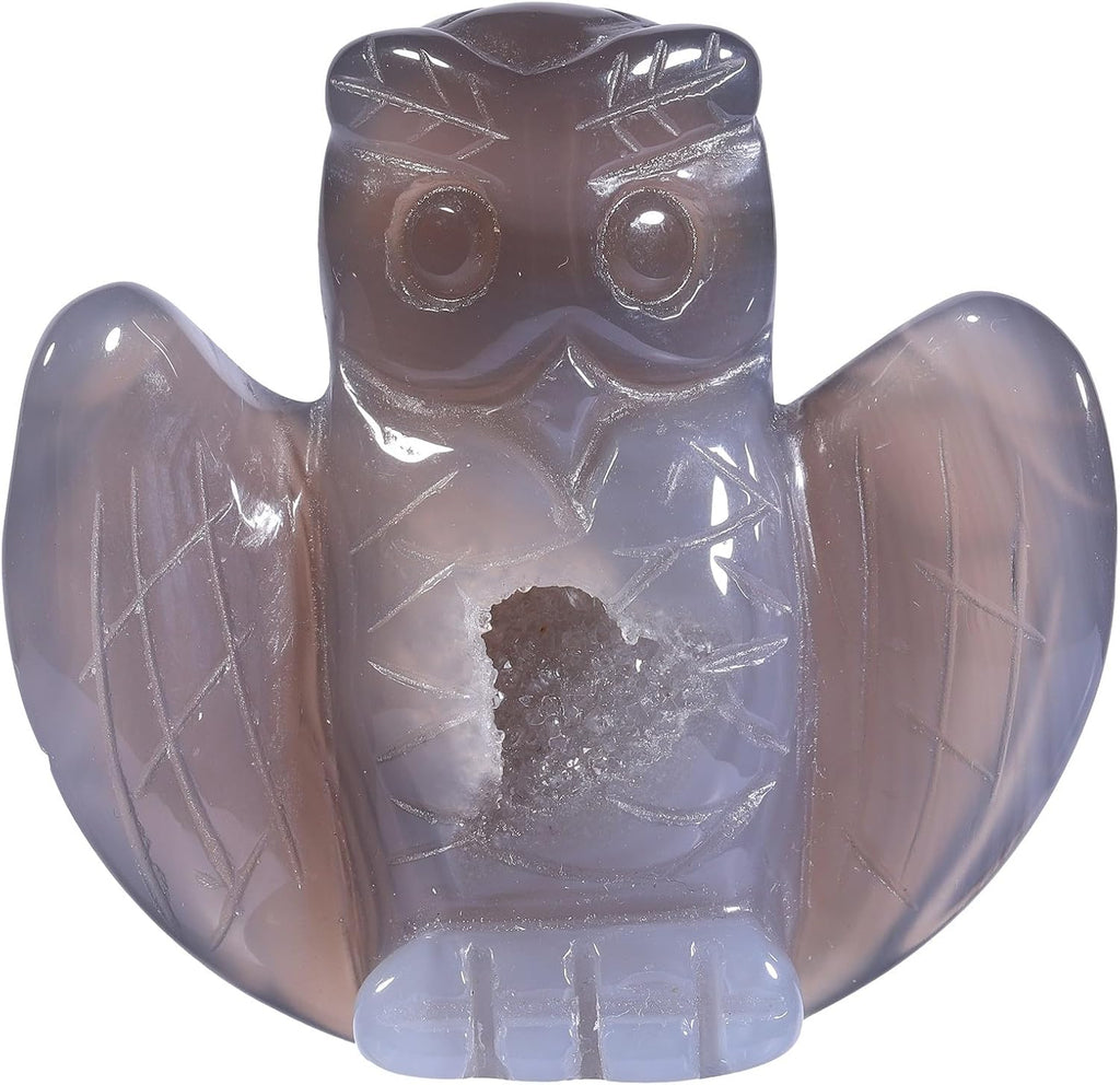 Nupuyai Natural Crystal Agate Druzy Geode Stone Owl Statue, Hand Carved Stone Animal Figurine Specimen Collectible Ornament for Home Office Decoartion Indoor Outdoor Garden