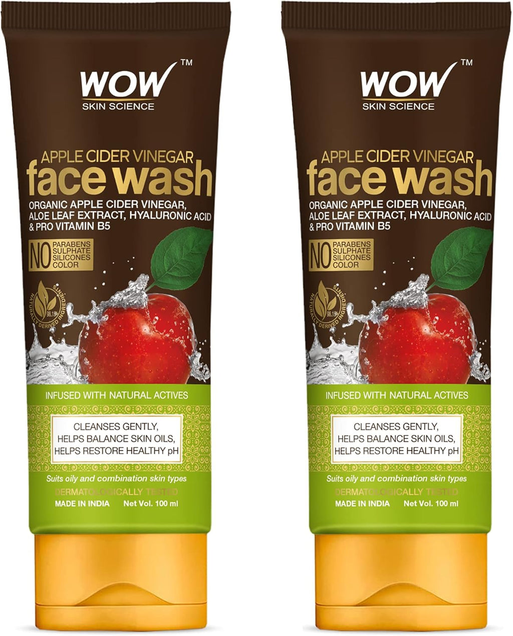 WOW Skin Science Apple Cider Vinegar Face Wash - No Parabens, Sulphate, Silicones & Color - Pack of 2 - Net Vol. 200mL