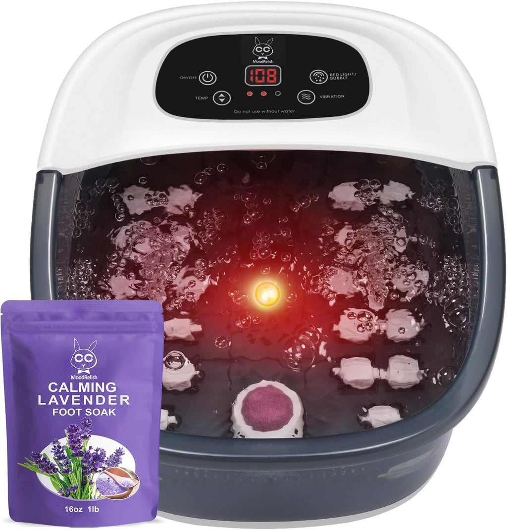 Foot Spa Bath Massager with Heat Bubbles and Vibration Massage and Jets, 16 OZ Calming Lavender Foot Soak Epsom Salt, Foot Soaker with Red Light, 22 Massage Rollers, Adjustable Temp - Grey