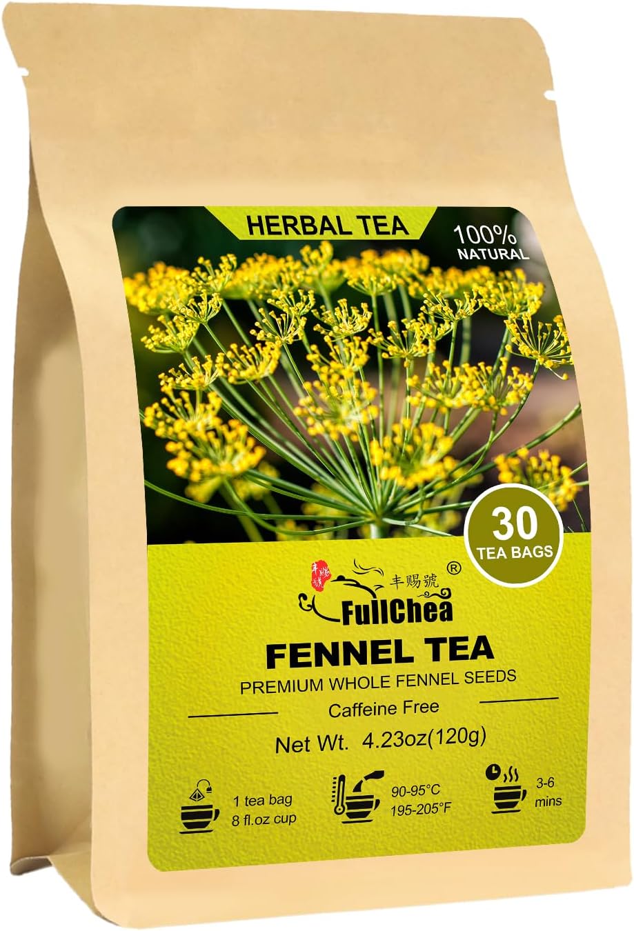 FullChea - Fennel Tea Bags, 30 Teabags, 4g/bag - Premium Whole Fennel Seeds - Non-GMO - Caffeine-free - Helps Improve Digestion & Immune System