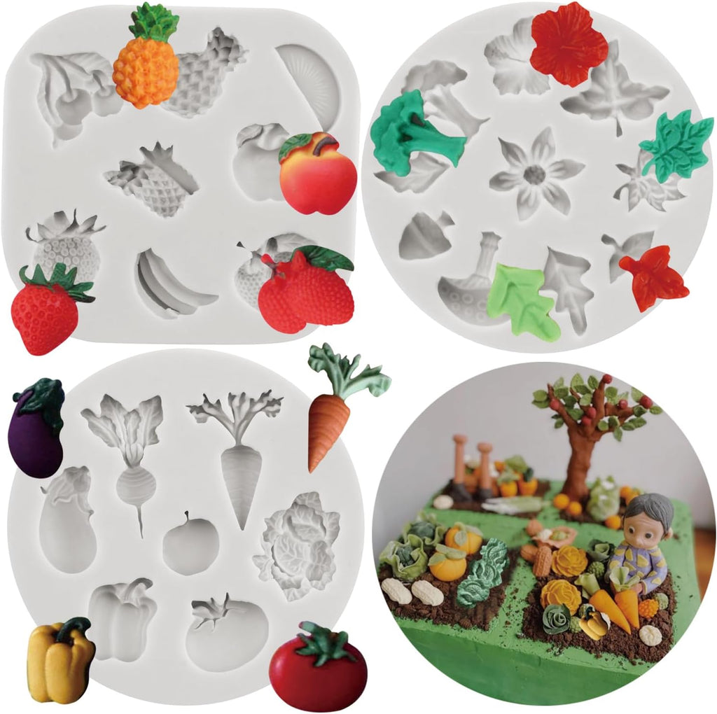 Vegetable Fruit Silicone Mold Radish Tomato Eggplant Cabbage Fondant Molds Strawberry Pineapple Mold For Cake Decorating Cupcake Topper Candy Chocolate Polymer Clay Gum Paste Set of 3