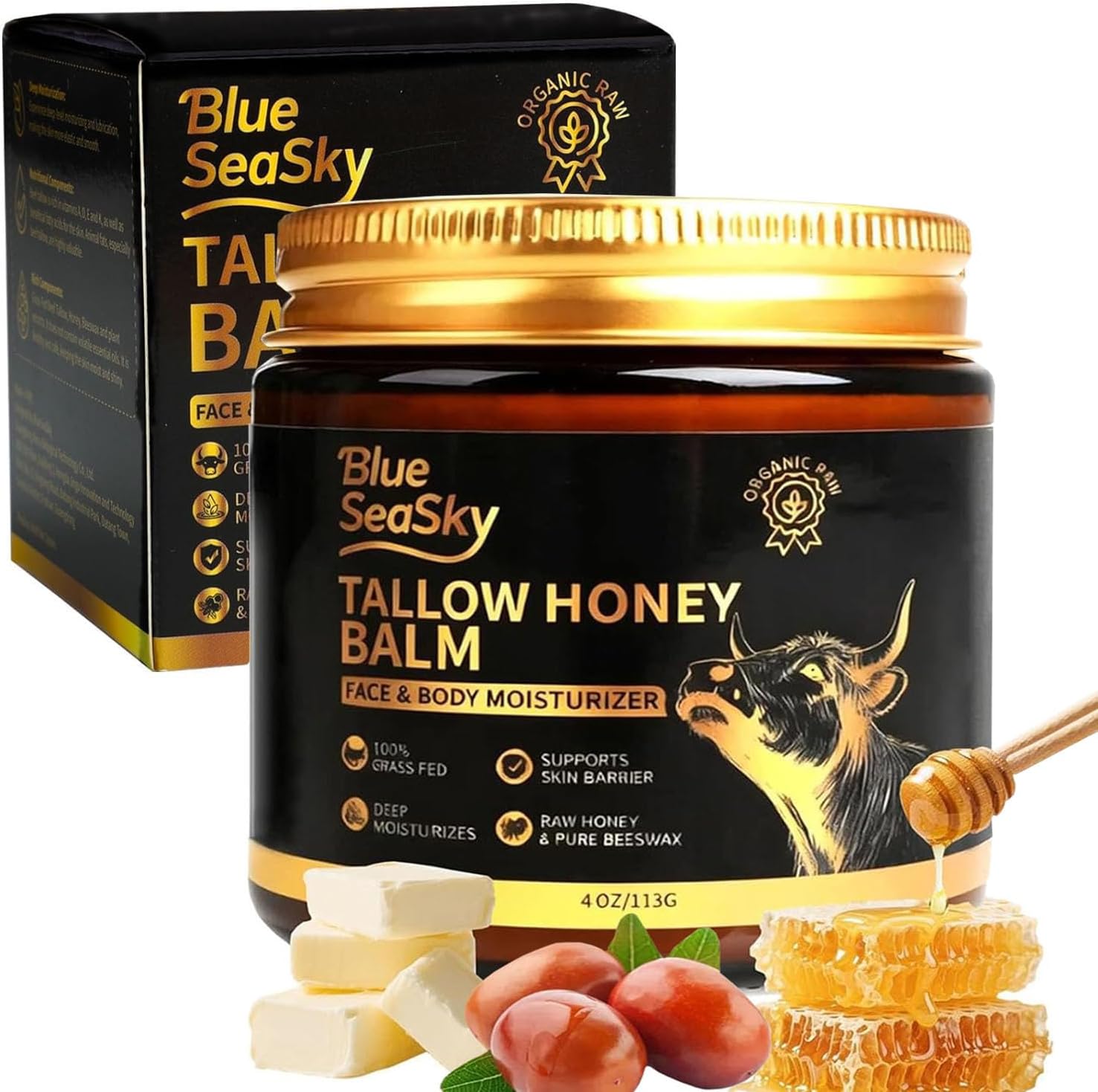 Organic Beef Tallow for Skin Grass-Fed Tallow Balm with Raw Wild & Honey Tallow Moisturizer for Eczema & Rosacea，Non-Comedogenic,Beef Tallow for Face Dry Sensitive Skin,4oz-Unscented