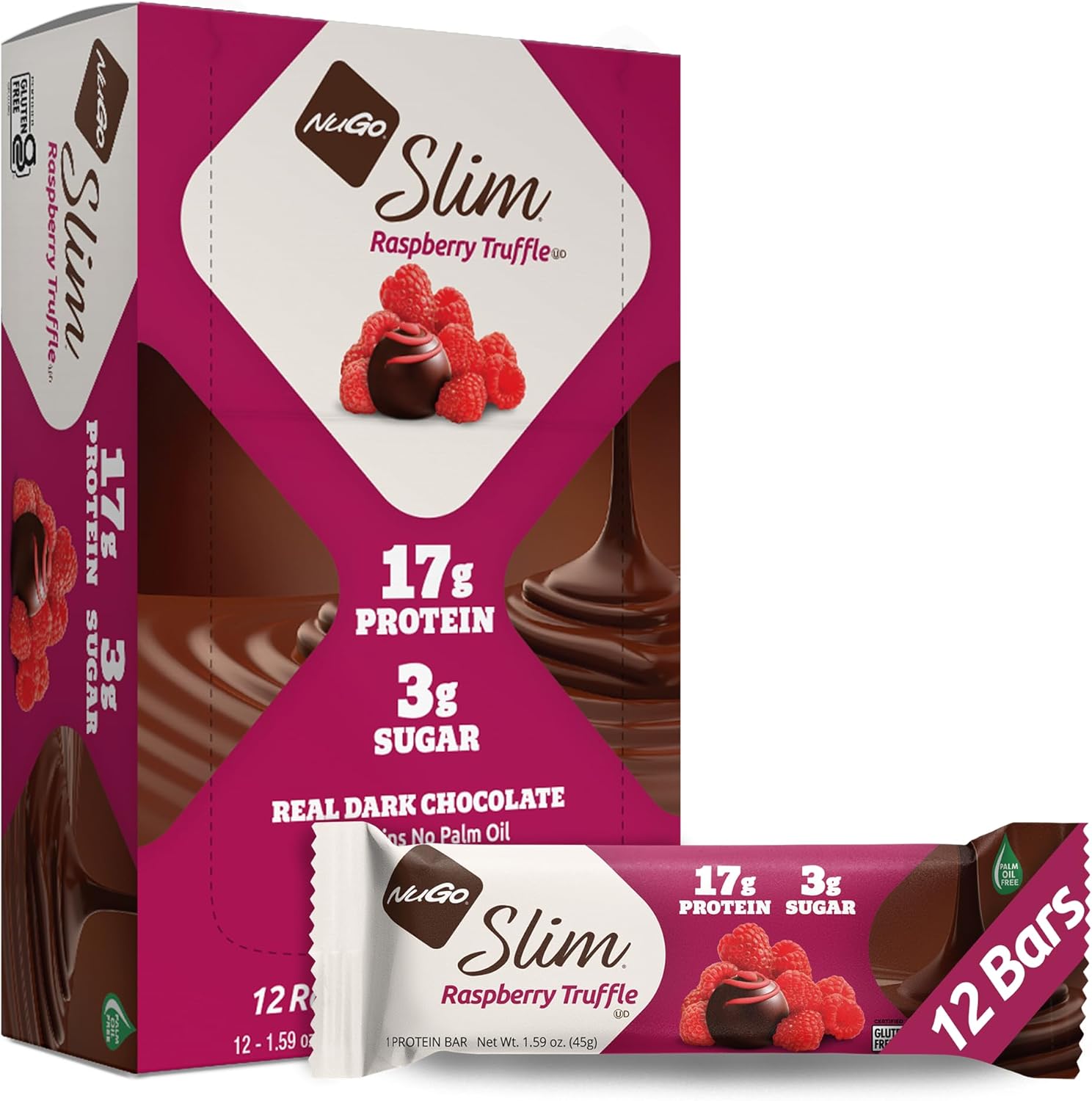 NuGo Slim Dark Chocolate Raspberry Truffle, 17g Protein, 2g Sugar, 7g Fiber, Low Net Carb, Keto Friendly, Gluten Free, 12 Count