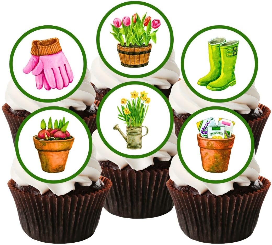 Gardening Edible Cupcake Toppers, Flower Edible Cake Decorations, Plant Toppers for Cake Decorating Garden Party Decorations, Gardeners Cookie Decor 48 x 3cm / 1.18 inch Mini Discs UNCUT
