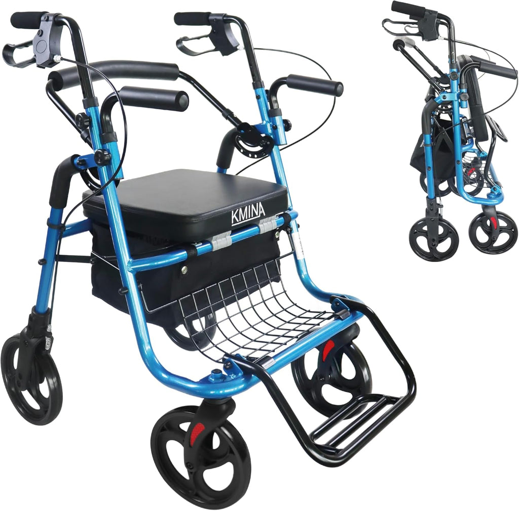 KMINA 2 in 1 Rollator Walker Wheelchair Combo for Smooth Terrain, Foldable Aluminum Rollator with Footrests and Pressure Brakes, Convertible to a Transport Chair, Blue