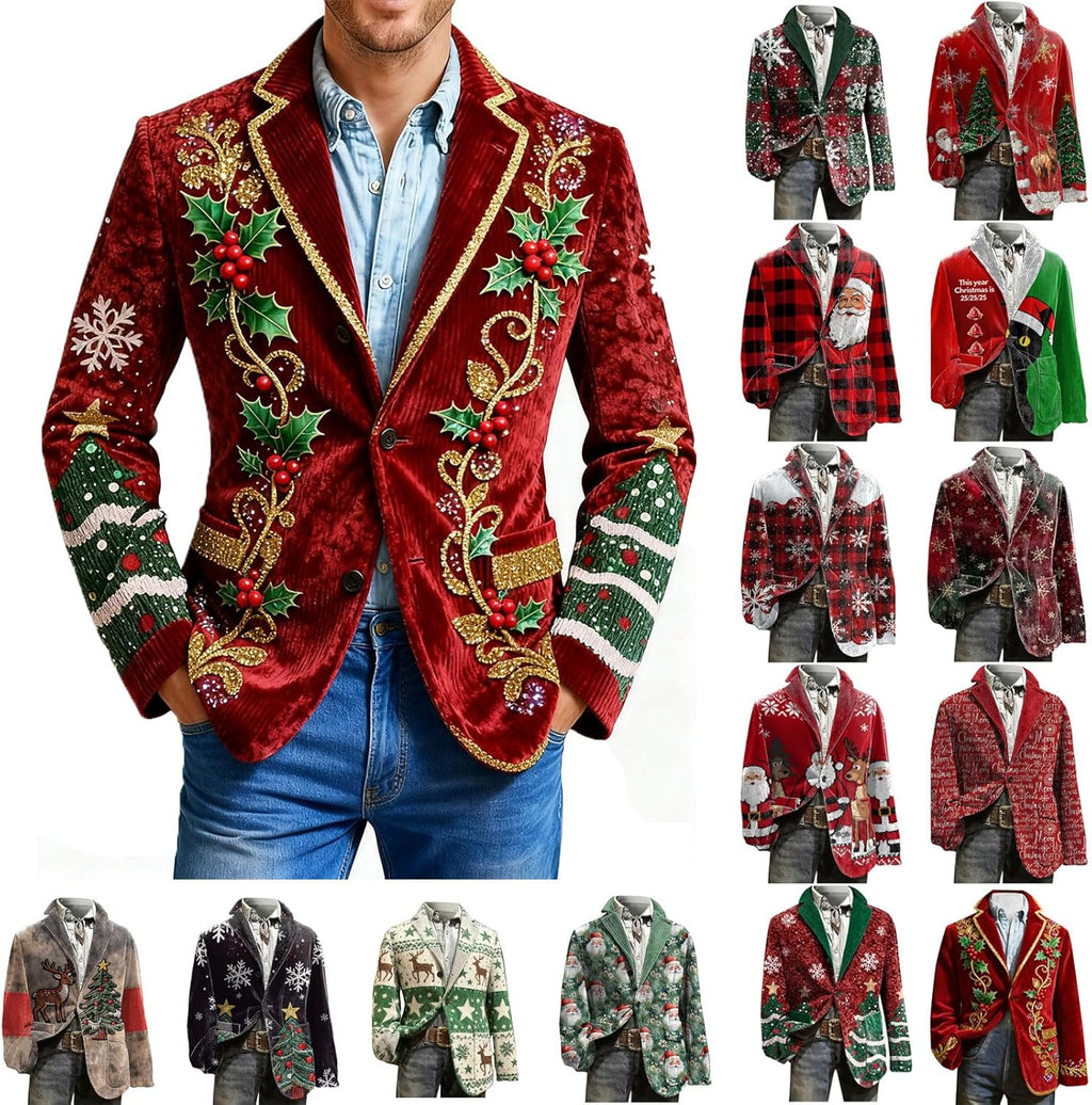 Men's Christmas Blazer Corduroy Xmas Print Holiday Party Jacket Slim Fit Fashion Casual Sport Coat Winter Colthes