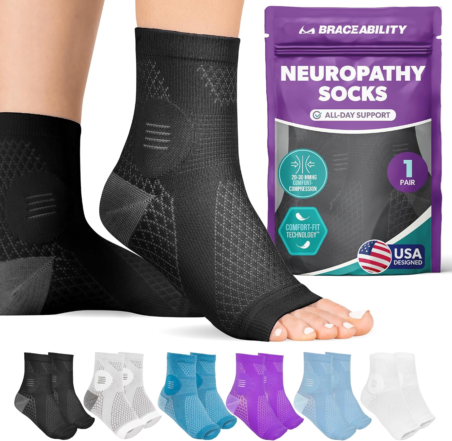 BraceAbility Neuropathy Socks (Pair) - Peripheral Neuritis Compression Diabetic Toeless Foot Sleeves for Nerve Damage Pain in Feet, Ankle Gout, Plantar Fasciitis Relief Brace for Men and Women (M - Black)