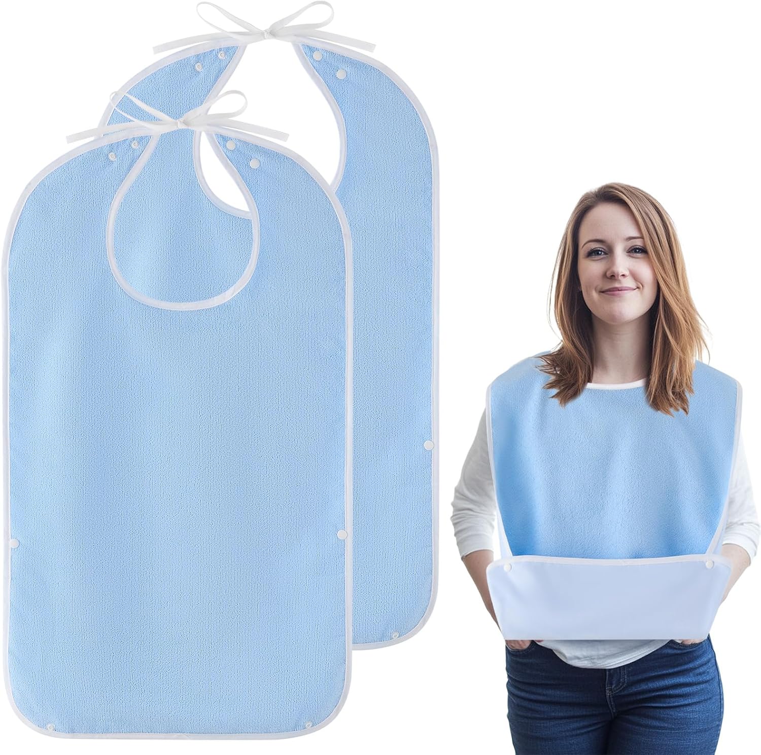 2 Pack Adult Bibs for Women, Men, Elderly - Waterproof Reusable Large Bibs with Crumb Catcher Pockets, Bib For Eating, Feeding Adult Bib For Women Elderly Men Senior Citizens Gifts(Washable)(Blue)