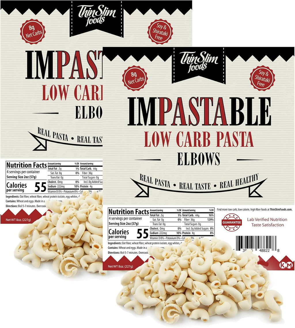 ThinSlim Foods Impastable Low Carb Pasta, Elbows 2pack | 8g Net Carbs | 36g Fiber | 55 Calories | Not Shirataki | No Soy | No Pea or Bean Flour | Real Pasta, Real Taste, Real Healthy