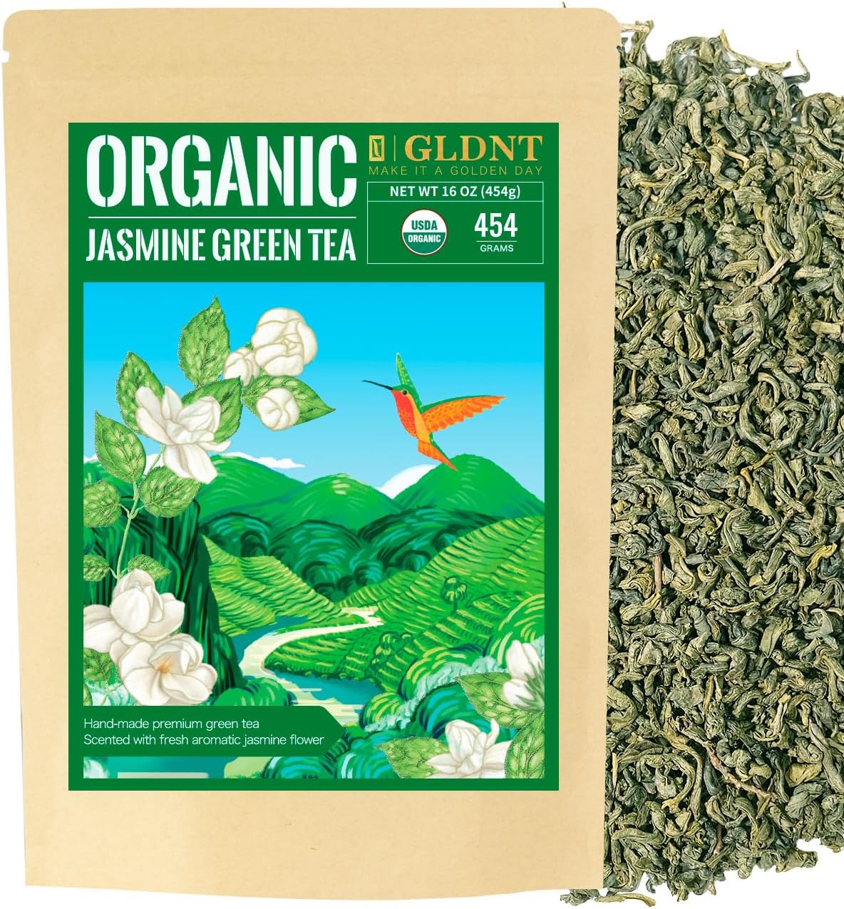 GLDNT Organic Jasmine Green Tea, Organic Jasmine Green Tea Loose leaf with Delightful Aroma, Delicate and smooth Flavor, Hot & Iced Tea, 16 Ounce