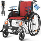 VOCIC Ultra Lightweight Wheelchair for Adults, 23lb Frame Portable Foldable Self-Propelled Wheelchairs for Seniors with Quick Release Wheels, Swing-Away Footrests,Flip-Back Arm, 300 lbs Red