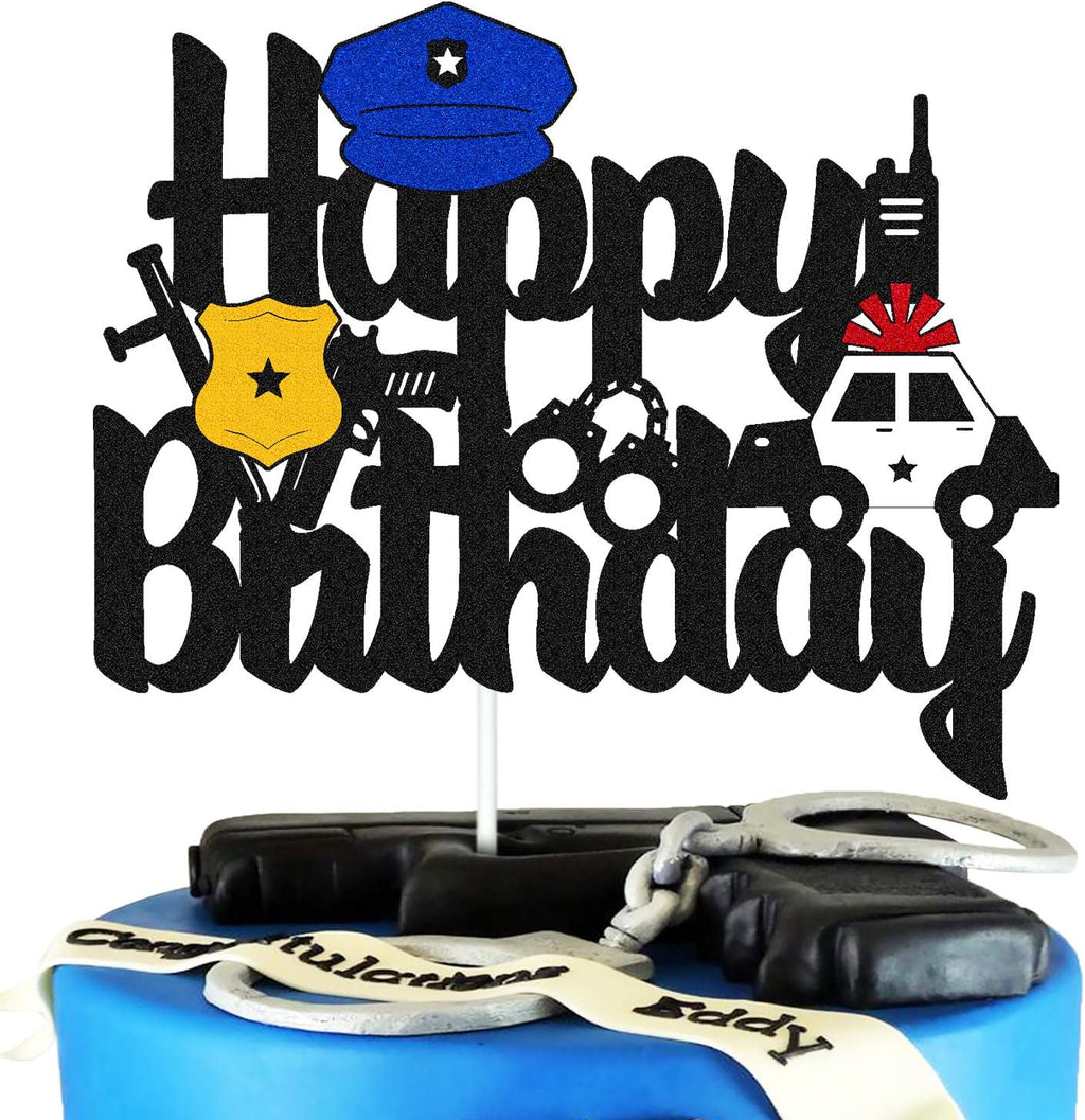 Police Birthday Cake Topper Policeman Officer Police Car Themed for Kids Boy Girl Man Happy Birthday Retirement Party Supplies Black Glitter Decorations