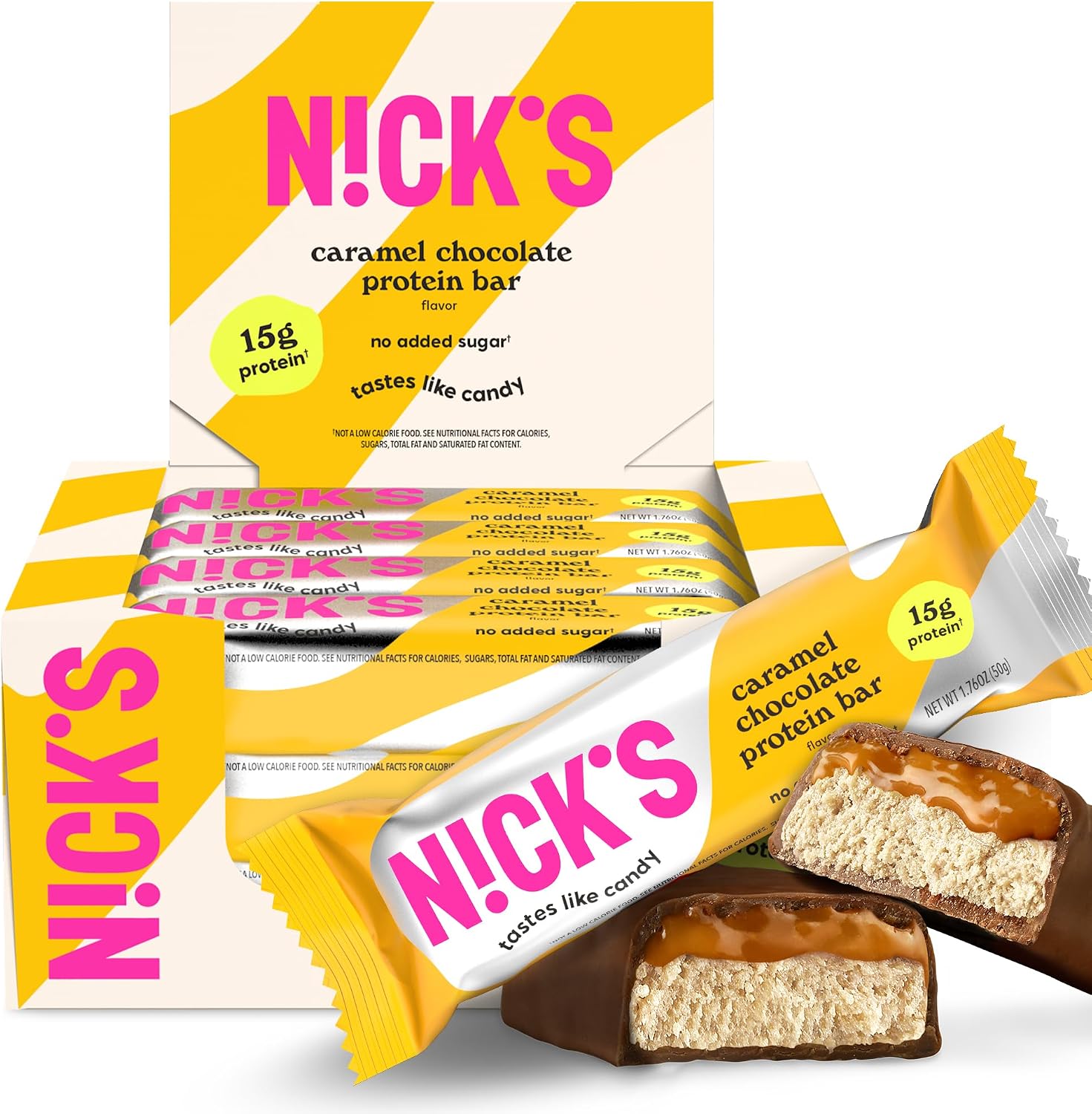 N!CK'S Protein Bars Chocolate Caramel – 12-Count Box | Protein-Packed Snack, Low Calories, Low Carbs, Keto Friendly, No Added Sugar (12 bars x 50g)