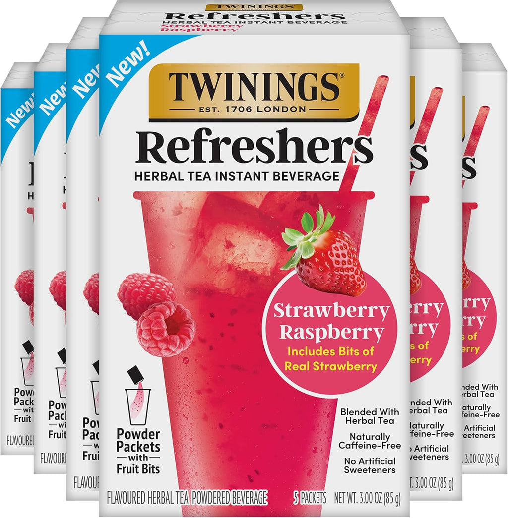 NEW Twinings Strawberry Raspberry Refreshers, Herbal Tea Instant Beverage, Real Strawberry Fruit Bits, 5 Count (Pack of 6), Café Style, No Artificial Sweeteners, Naturally Caffeine-Free, 30 Packets