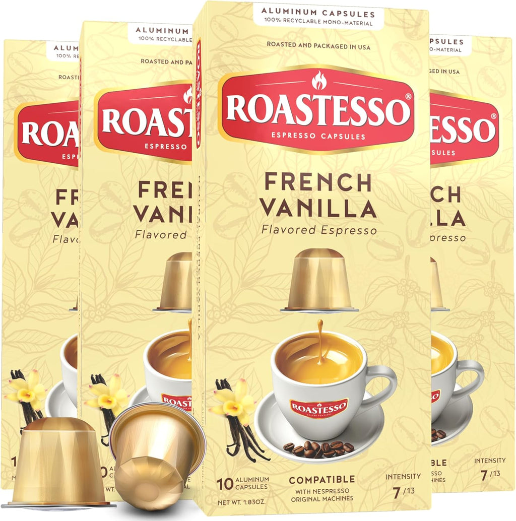Roastesso, Aluminum Espresso Capsules, French Vanilla Natural Flavored Coffee, Compatible with Nespresso Original Machines, Medium Roast Intensity 7, Recyclable Coffee Pods, Packed in USA (40 Count)