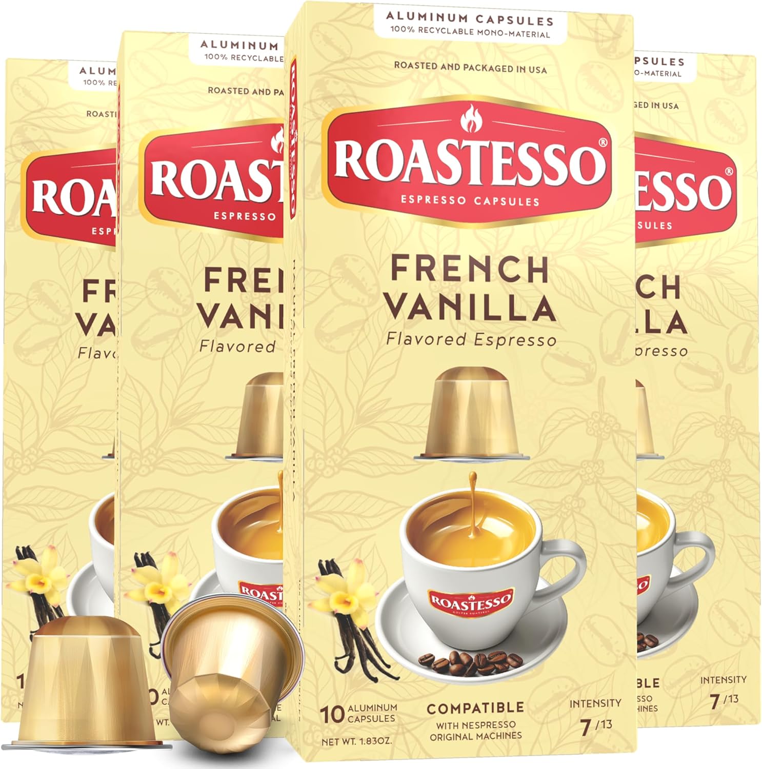 Roastesso, Aluminum Espresso Capsules, French Vanilla Natural Flavored Coffee, Compatible with Nespresso Original Machines, Medium Roast Intensity 7, Recyclable Coffee Pods, Packed in USA (40 Count)