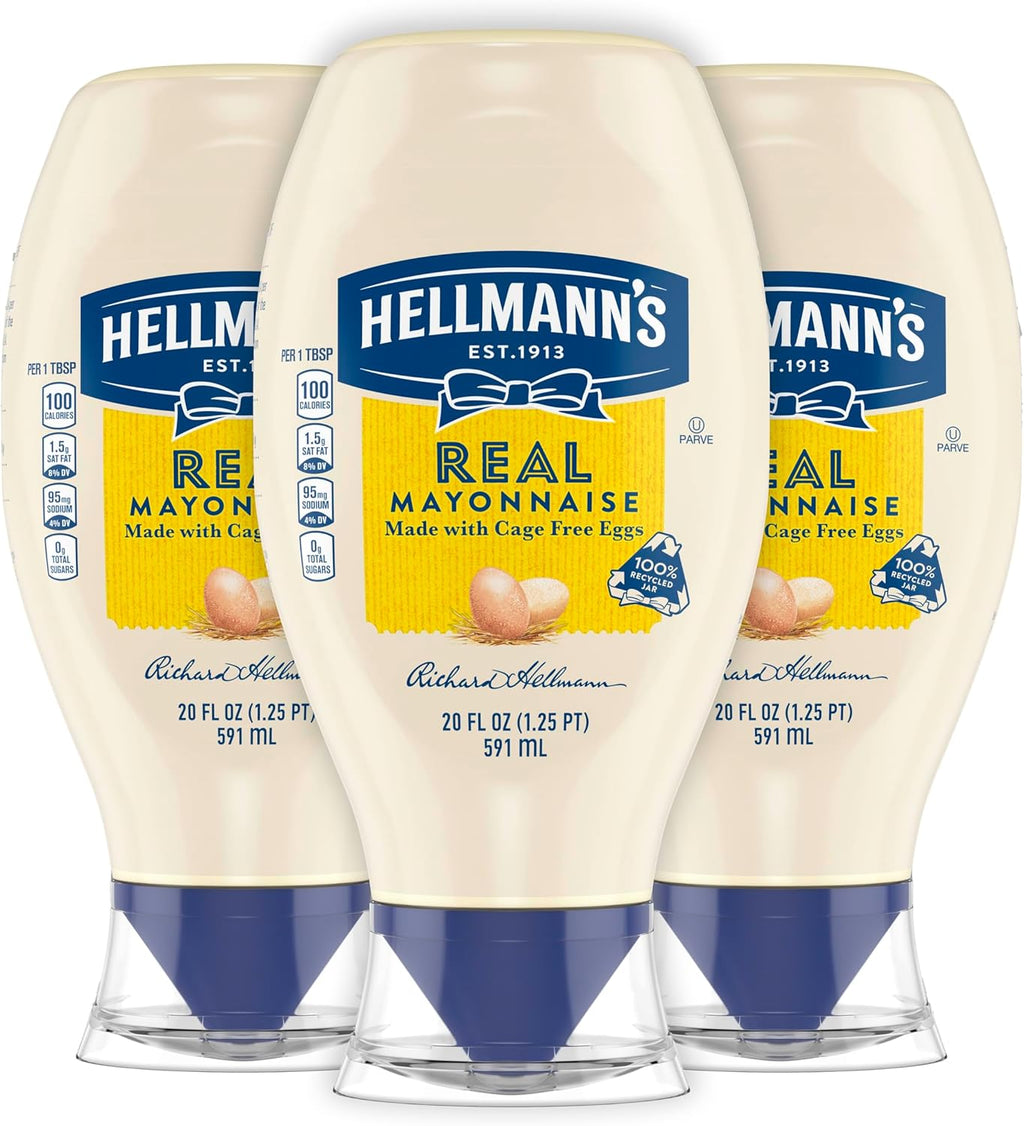 Hellmann's Real Mayonnaise Squeeze Bottle 3 Count a Rich Creamy Condiment Gluten Free, Made With 100% Cage-Free Eggs 20 oz