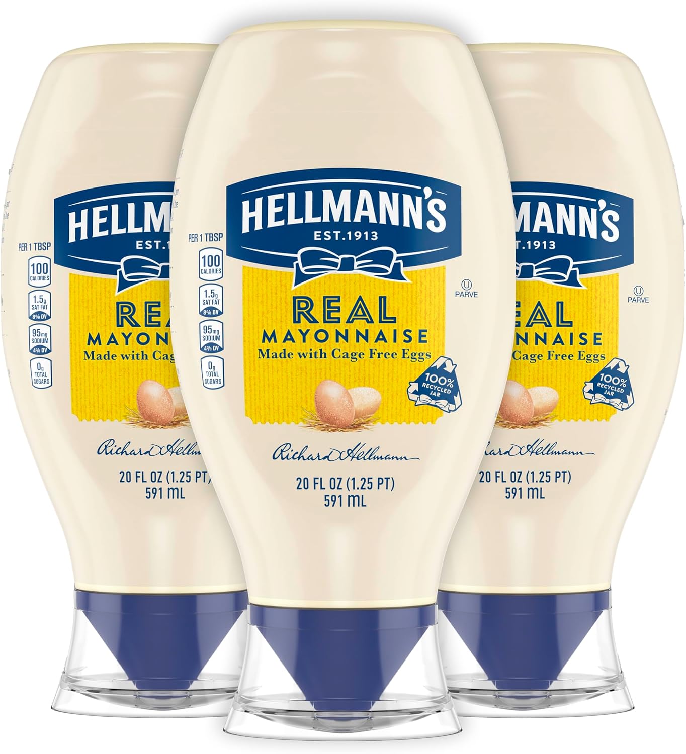 Hellmann's Real Mayonnaise Squeeze Bottle 3 Count a Rich Creamy Condiment Gluten Free, Made With 100% Cage-Free Eggs 20 oz