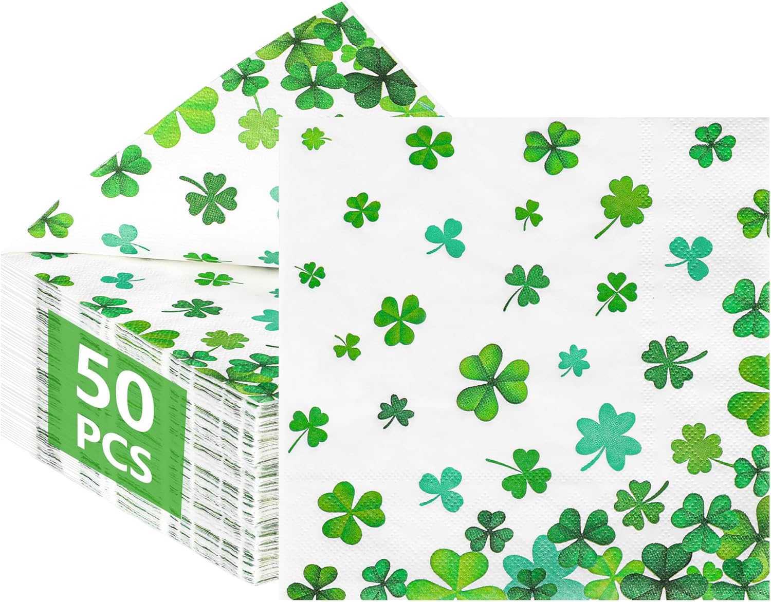50Pcs St. Patrick's Day Shamrock Napkins, 6.5" X 6.5" Green Lucky Clover Disposable Paper Napkins Irish-Themed Birthday Party Supplies, Paper Saint Patricks Day Decorations for St. Paddy's Day Decor
