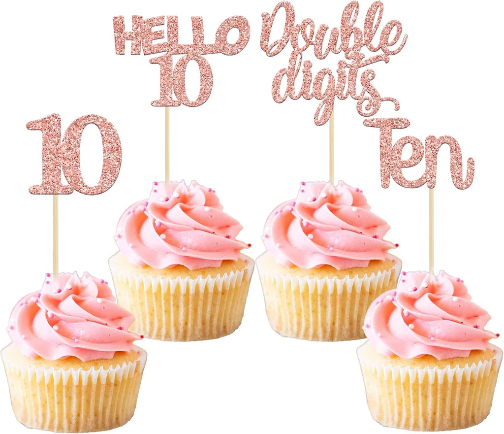 Gyufise 24 Pack Glitter 10th Birthday Cupcake Toppers Double Digits Cupcake Toppers Hello 10 Ten Cupcake Picks for 10th Birthday Party Cake Decorations Supplies