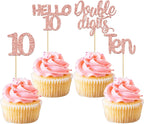 Gyufise 24 Pack Glitter 10th Birthday Cupcake Toppers Double Digits Cupcake Toppers Hello 10 Ten Cupcake Picks for 10th Birthday Party Cake Decorations Supplies