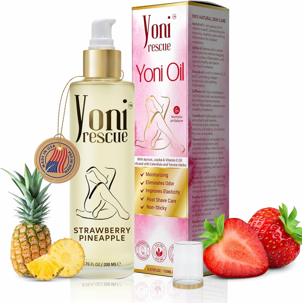 Yoni Rescue Yoni Oil 6.76oz, All Natural Ingredient for Women pH Balance & Wetness, Vaginal Oil for Dark Spots, Hydration & Comfort - Apricot, Jojoba, Chamomile, Vitamin E (Strawberry Pineapple)