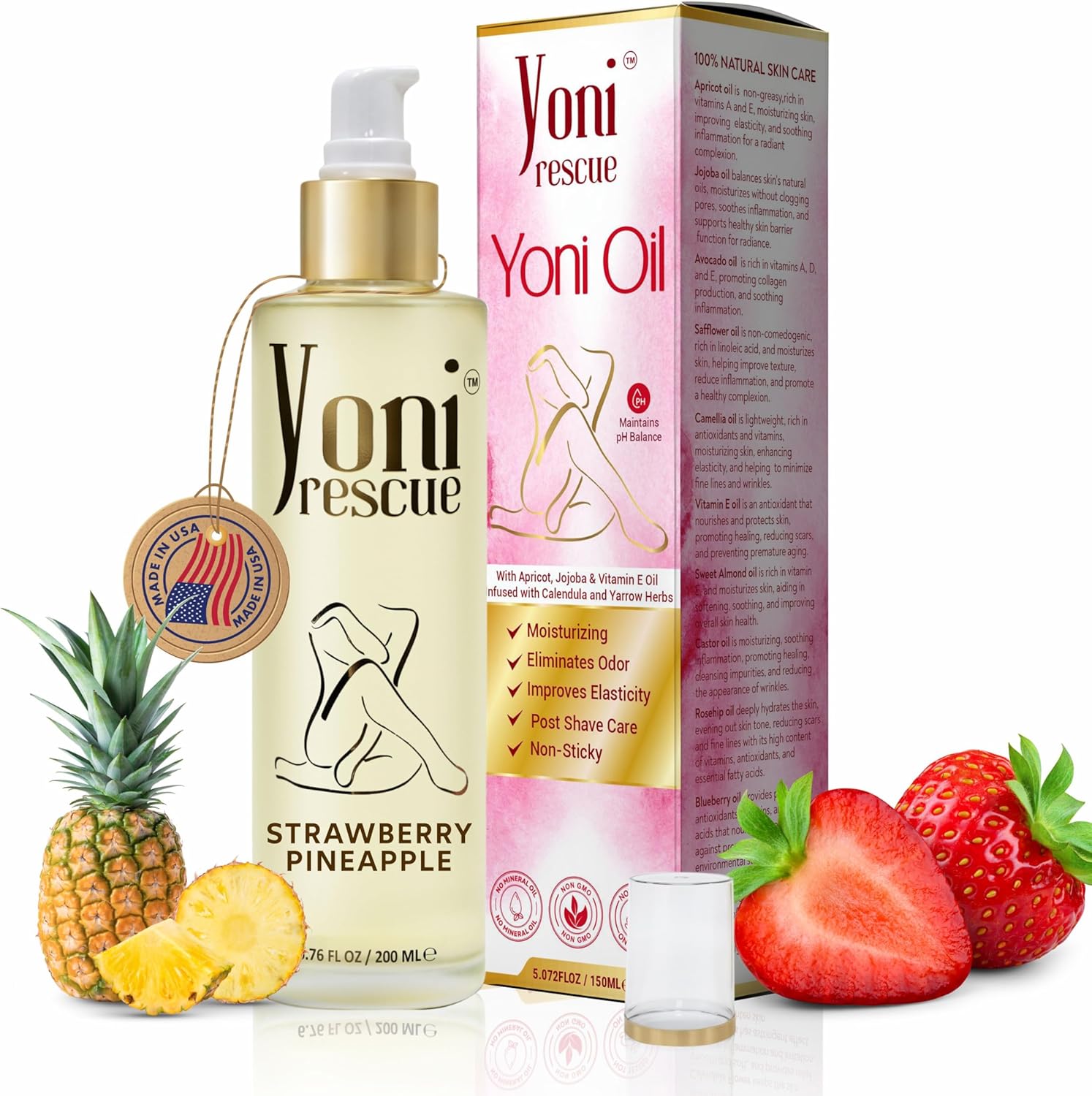 Yoni Rescue Yoni Oil 6.76oz, All Natural Ingredient for Women pH Balance & Wetness, Vaginal Oil for Dark Spots, Hydration & Comfort - Apricot, Jojoba, Chamomile, Vitamin E (Strawberry Pineapple)