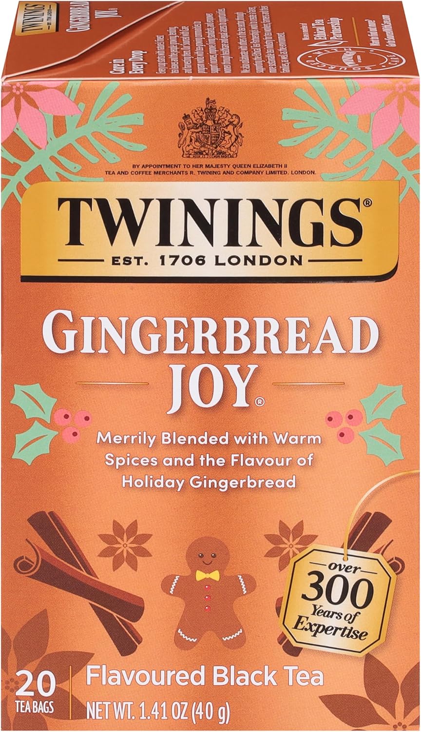 Twinings Gingerbread Joy Black Tea Individually Wrapped Bags, 20 Count (Pack of 1), Ginger & Cinnamon, Caffeinated, Enjoy Hot or Iced, 20 Teabags