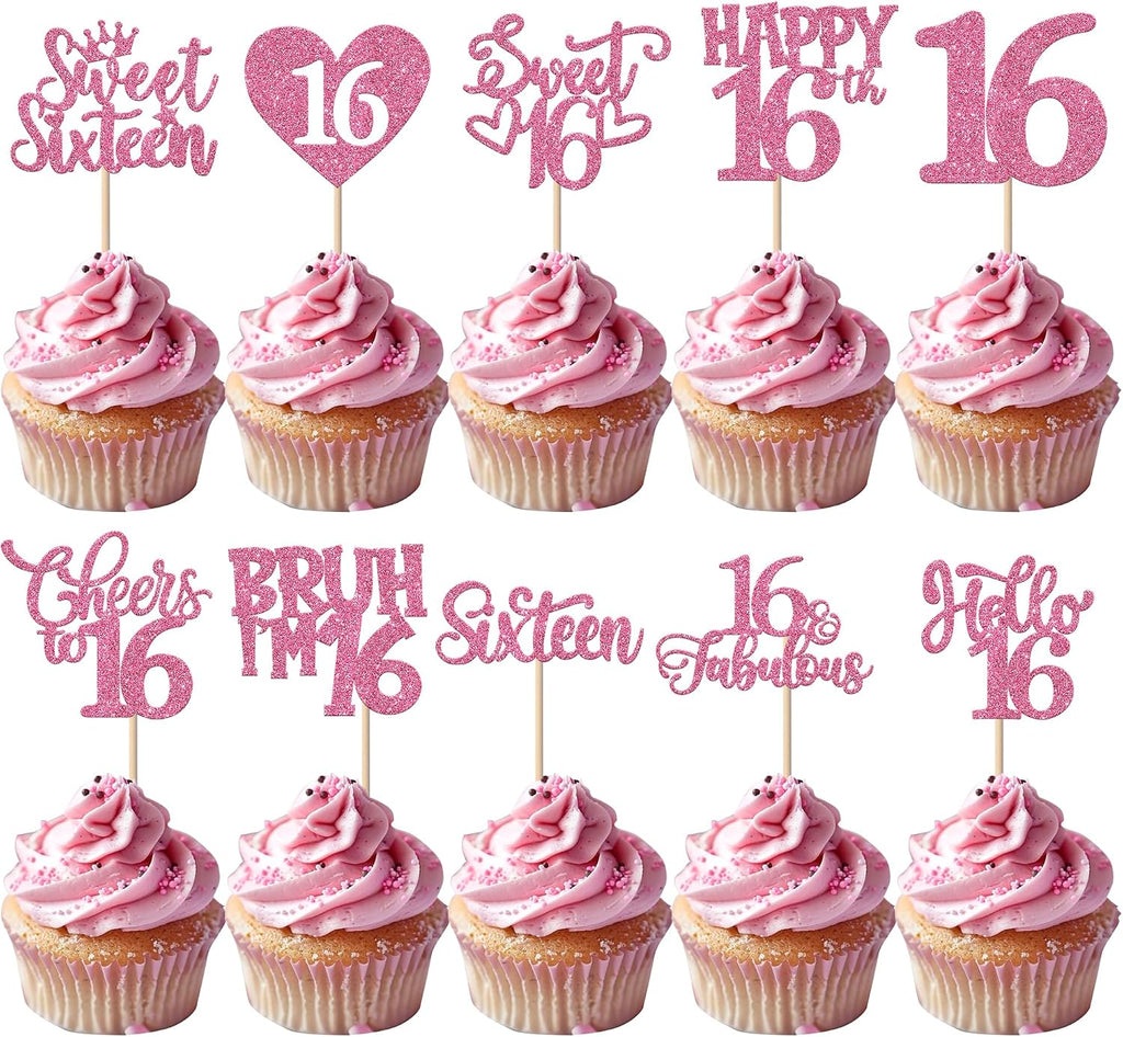 Rsstarxi 30Pack Happy Sweet 16th Birthday Cupcake Toppers Happy Sixteen Bruh I'm 16 Cupcake Picks Cheers to Sweet 16 Decorations for 16th Birthday Anniversary Party Cake Decorations Pink