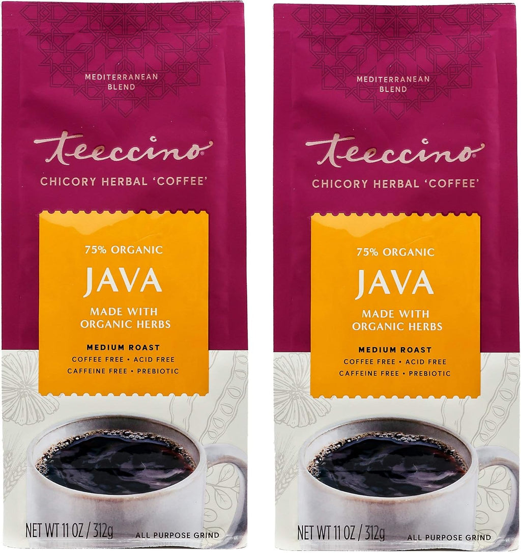 Teeccino Chicory Coffee Alternative - Java - Ground Herbal Coffee Caffeine-Free & Acid Free, Medium Roast, 11 Ounce (2 Pack)