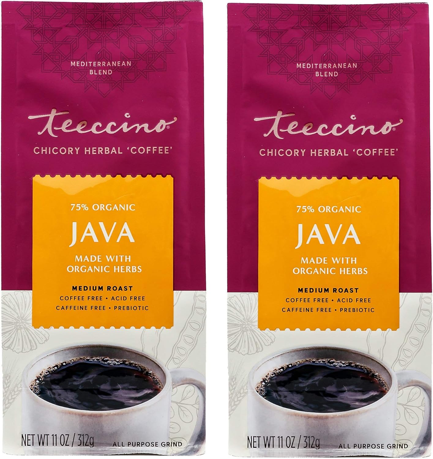 Teeccino Chicory Coffee Alternative - Java - Ground Herbal Coffee Caffeine-Free & Acid Free, Medium Roast, 11 Ounce (2 Pack)