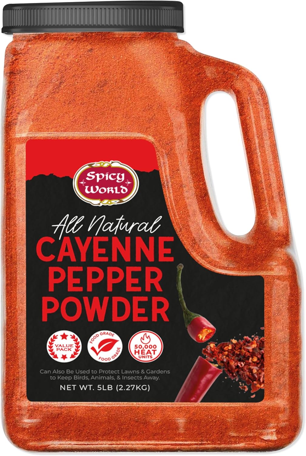 Spicy World Hot Cayenne Pepper Powder Bulk 5 LBS Jar - Red Ground Pepper 50K SHU Heat Unit - Gluten Free - Also Great Pest & Dog Repellent & Deterrent for Yard