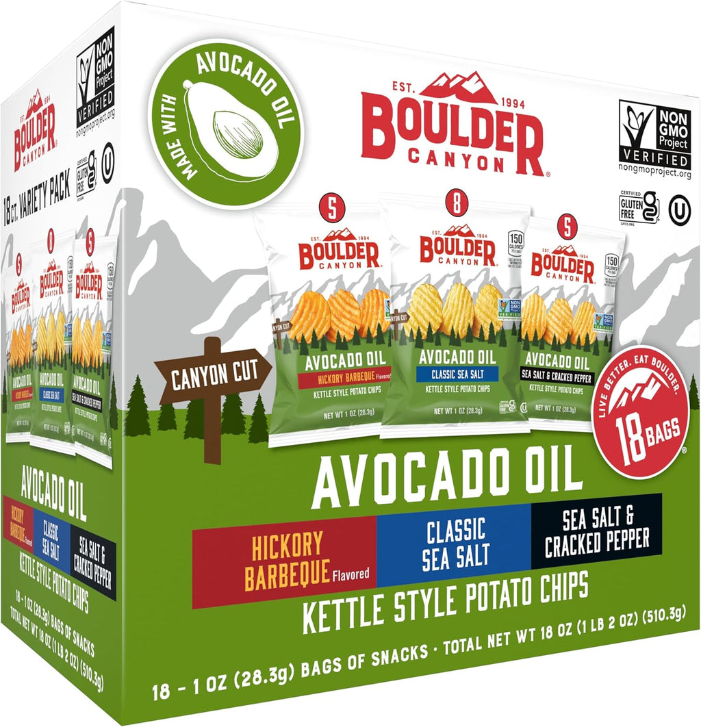 Boulder Canyon Avocado Oil Kettle Style Potato Chips Variety Pack, 18 Count - Gluten-Free, Non-GMO, Hickory Barbecue, Classic Sea Salt, Sea Salt & Cracked Pepper (1 oz Bags)