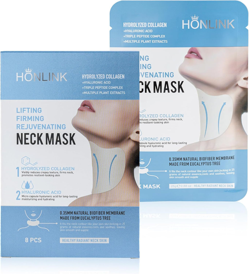 Neck Mask 8PCS, HONLINK Hydrolyzed Collagen Neck Mask Set with Hyaluronic Acid & Peptide,Moisturizing Firming Masks for Crepey Skin, Helps Reduce the Appearance of Fine Lines for Smoother-Looking Skin