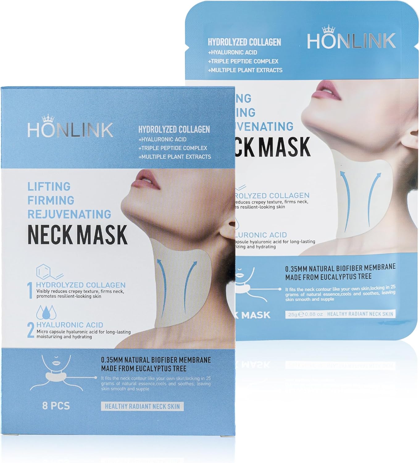 Neck Mask 8PCS, HONLINK Hydrolyzed Collagen Neck Mask Set with Hyaluronic Acid & Peptide,Moisturizing Firming Masks for Crepey Skin, Helps Reduce the Appearance of Fine Lines for Smoother-Looking Skin