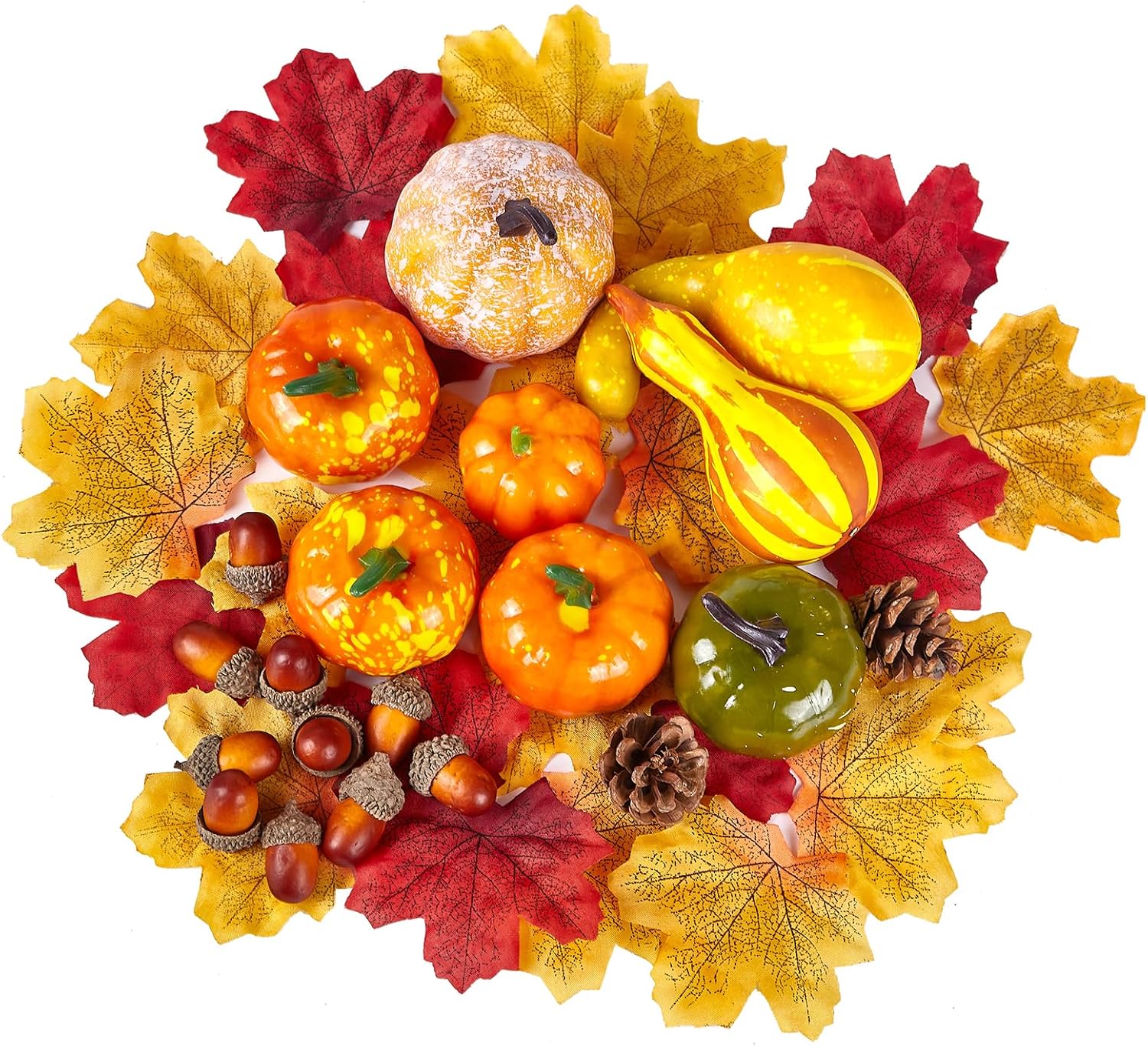 Fall Decorations 50pcs Artificial Pumpkin Set with Fake Maple Leaves & Acorns, Fall Decor for DIY Crafts Home Table Wreath Thanksgiving Halloween Autumn Harvest Party
