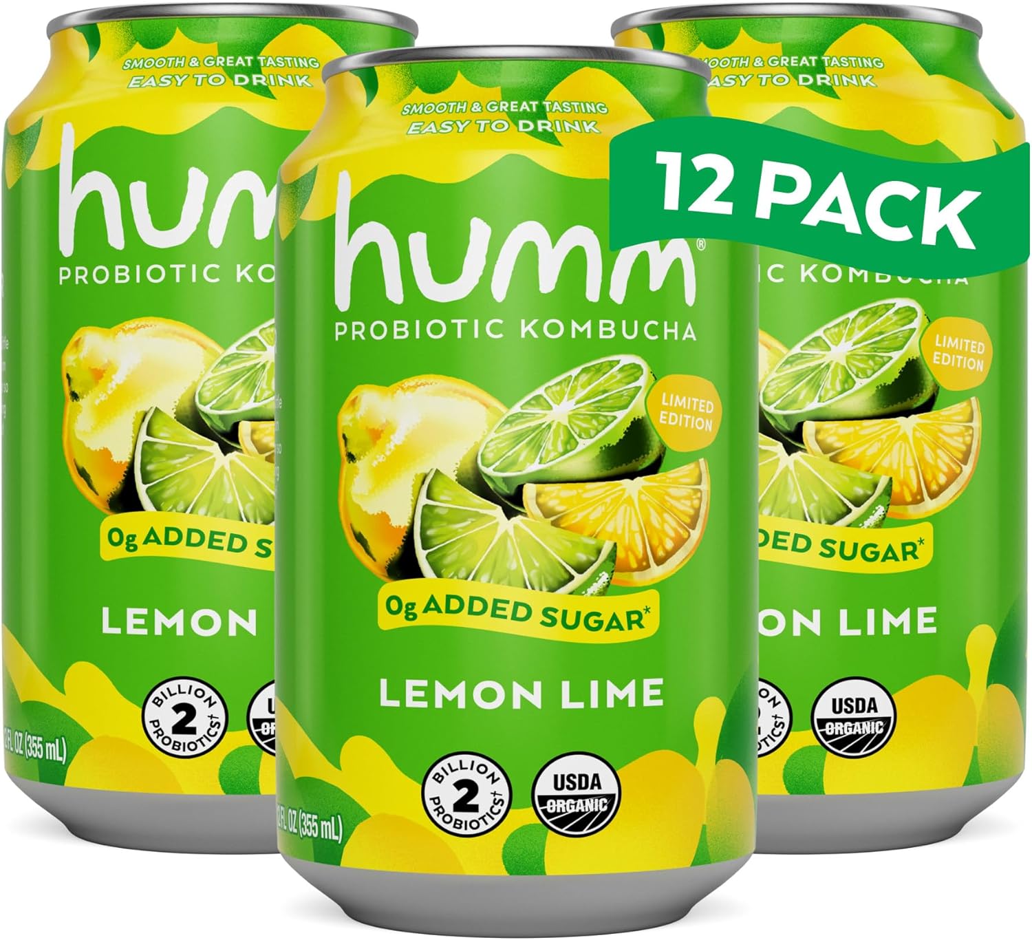 Humm Kombucha Lemon Lime, Organic, Vegan & GMO Free (12 Pack)