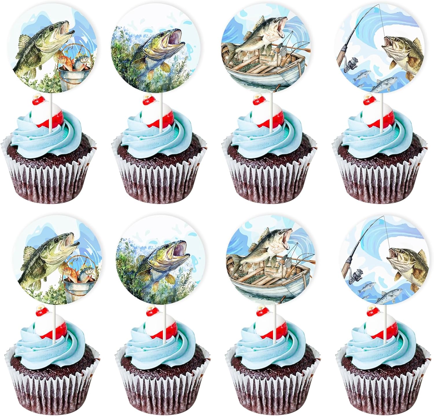 24pcs Fishing Cupcake Toppers Bass Fishing Birthday Party Decorations Gone Fishing Party Decorations Bass Cake Decorations Gone Fish Themed Birthday 1st Fisherman Baby Shower Birthday Party