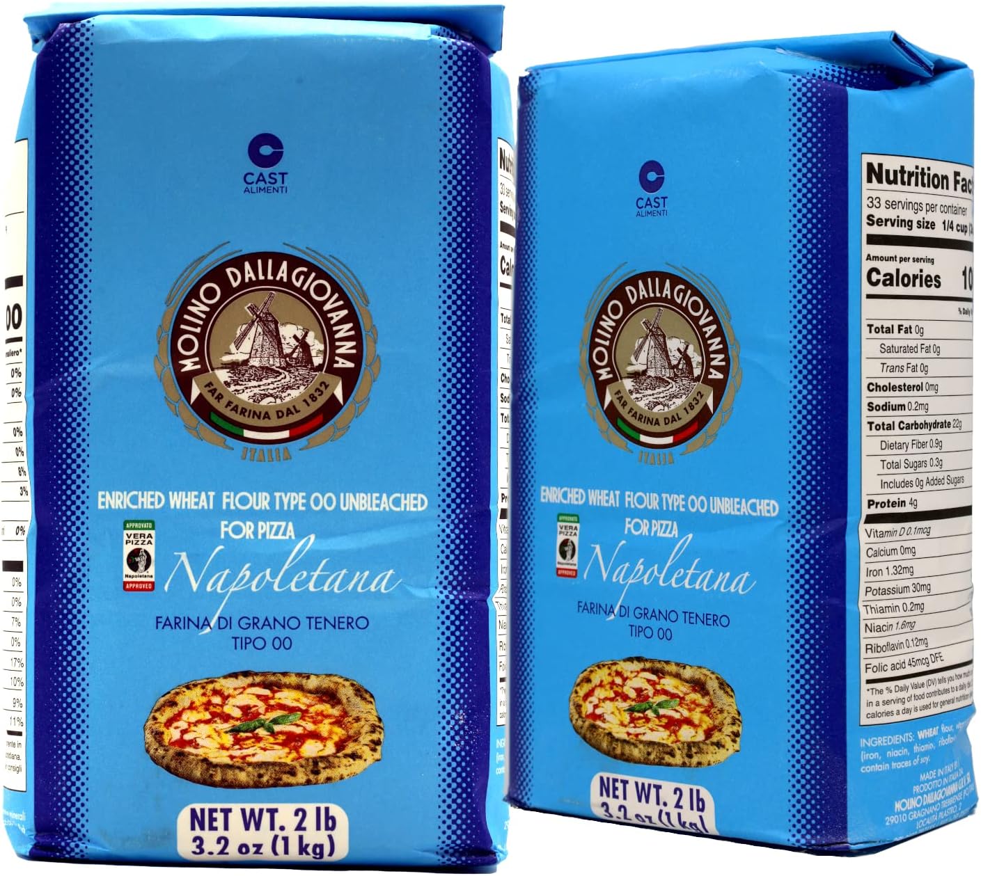 Molino Dallagiovanna La Napoletana High Tempature Long Fermentation Pizza Flour (AVPN Grade) Type 00 4.4 lbs Professionally packaged 2 pack in food grade polyolefin wrap