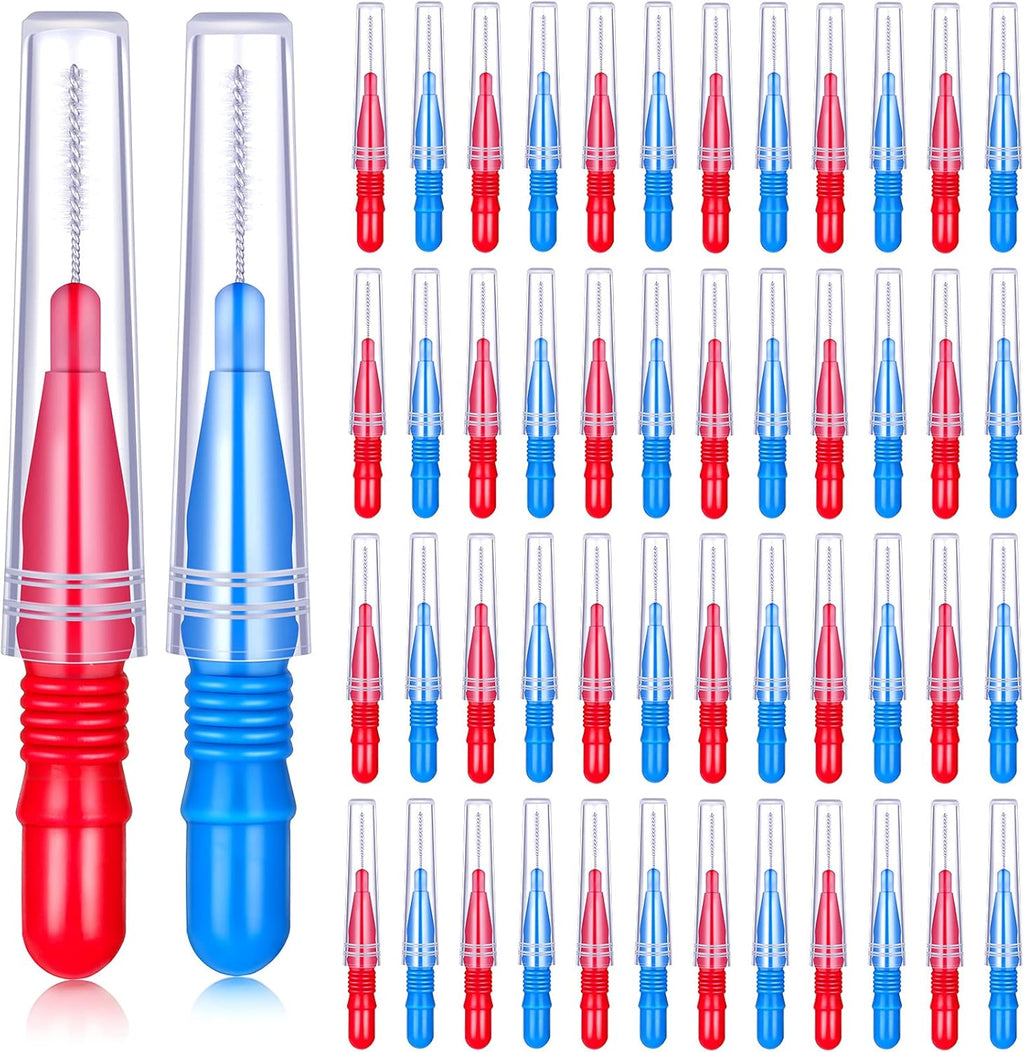 Patelai 50 Counts Braces Brush for Cleaner Interdental Brush Toothpick Dental Tooth Flossing Head Oral Dental Hygiene Flosser Toothpick Cleaners Tooth Cleaning Tool(Red, Blue)