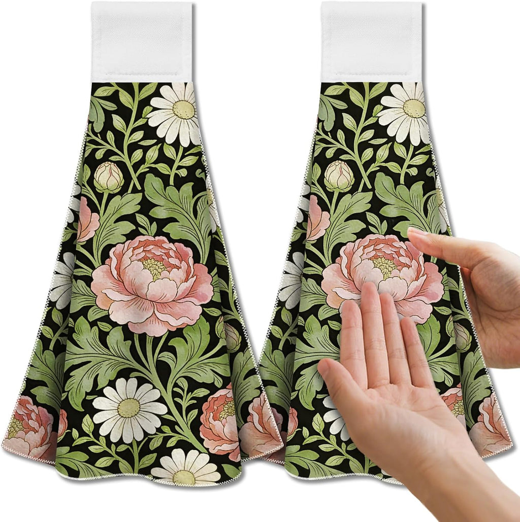 CUTHOLLOW William Morris Floral Hanging Kitchen Towels with Loop, Set of 2 - Soft & Super Absorbent Microfiber Decorative Hanging Dish & Hand Towel, Tea, Coffee Towel for Kitchen Bathroom Oven Handle