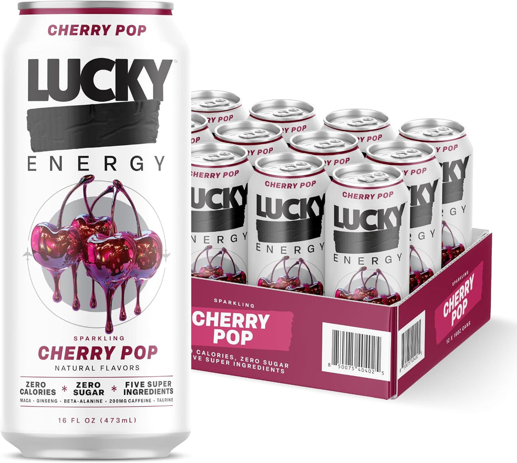 Lucky Energy Sugar Free Energy Drinks, Cherry Pop, 16oz Cans (12-Pack) Healthy, Zero Sugar Energy Drink with Maca, Ginseng, Beta-Alanine, Taurine & 200mg Caffeine