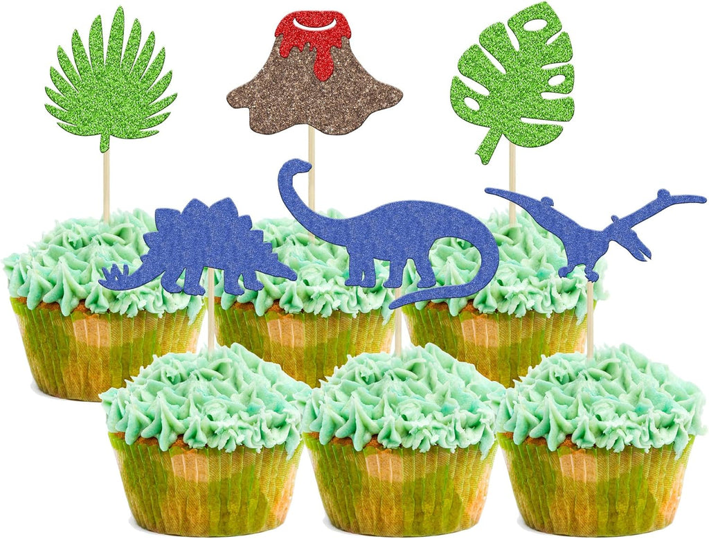 24 Pack Dinosaur Cupcake Toppers Green Palm Leaves Volcano T-Rex Cupcake Picks for Dinosaur Theme Baby Shower Birthday Party Cake Decorations Supplies Blue Glitter